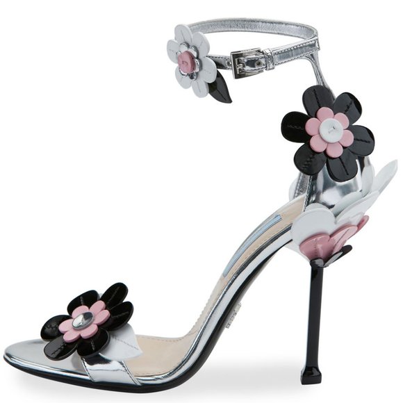 Prada Silver (Argento) Floral Ankle-wrap Patent Leather Sandals - Picture 2 of 6